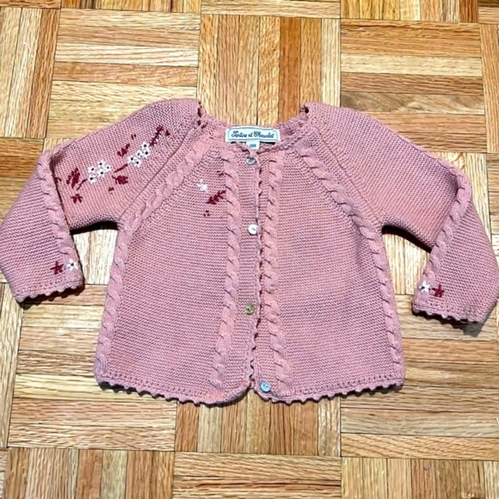 Tartine et Chocolat Paris Pink Floral Knit cardigan 18M